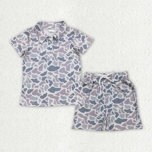 RTS NO MOQ Sibling Baby Boys Camouflage Button Polo Shirts with Pockets Short Clothes Set