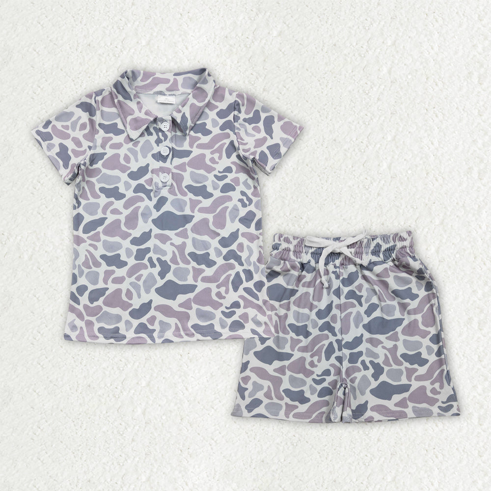 RTS NO MOQ BT0597+SS0730 Baby Boys Light Grey Camouflage Polo Top with Buttons And Pockets Shorts Clothing Set for Infants