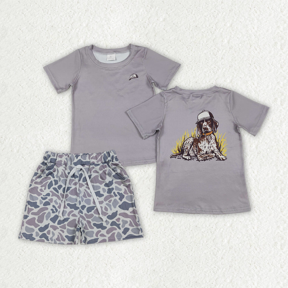 RTS NO MOQ BT1149+SS0140-2 Baby Boys Grey Dogs Camouflage Shirt with Pockets And Shorts Set