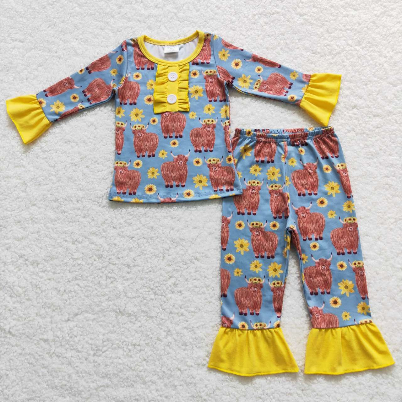 RTS NO MOQ ETA 5/7days Arrived GLP0670 Alpine Blossom Sunflower Yellow Lace Long Sleeve Trouser Set