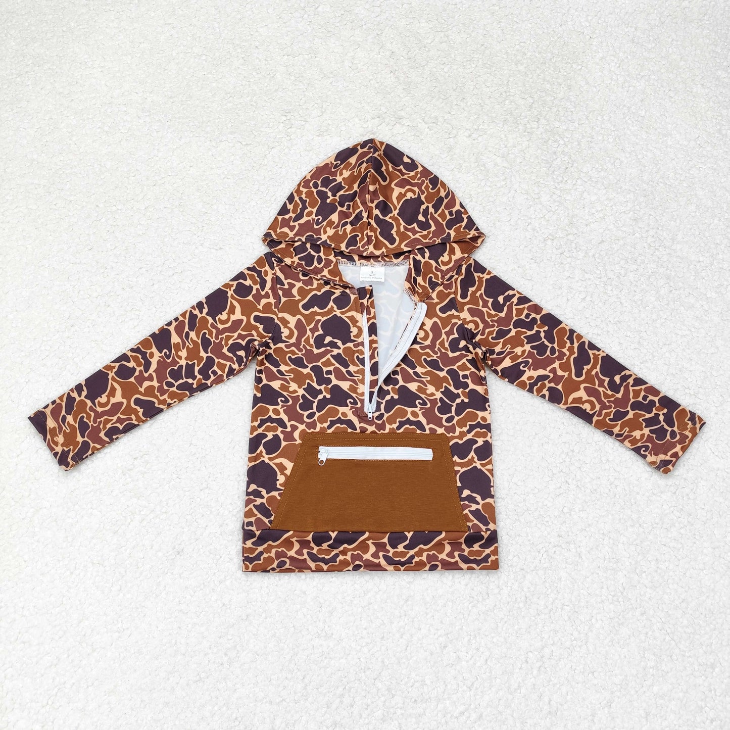 RTS NO MOQ(In Stock) BT0746 Brown camouflage zipper pocket hooded long sleeve top