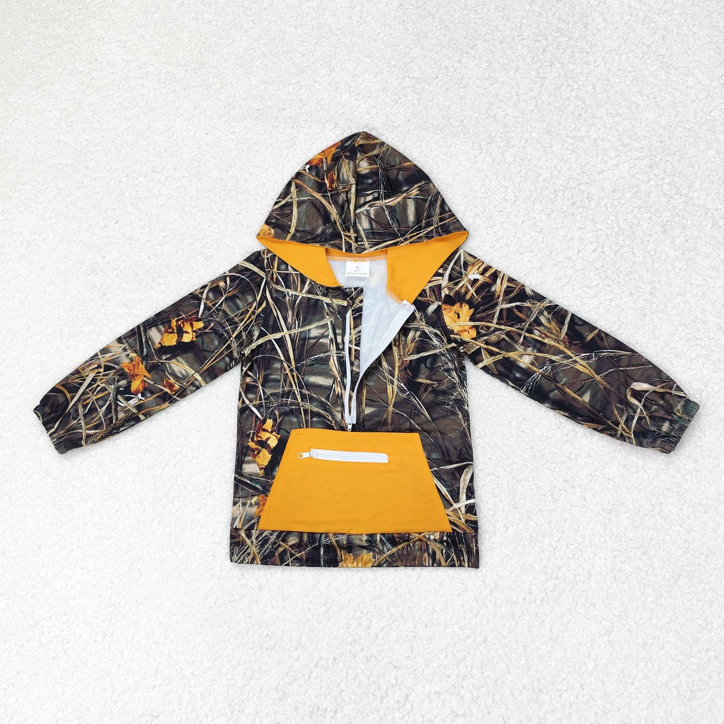 RTS NO MOQ(In Stock) Leaf camouflage zipper orange pocket hooded long sleeve top