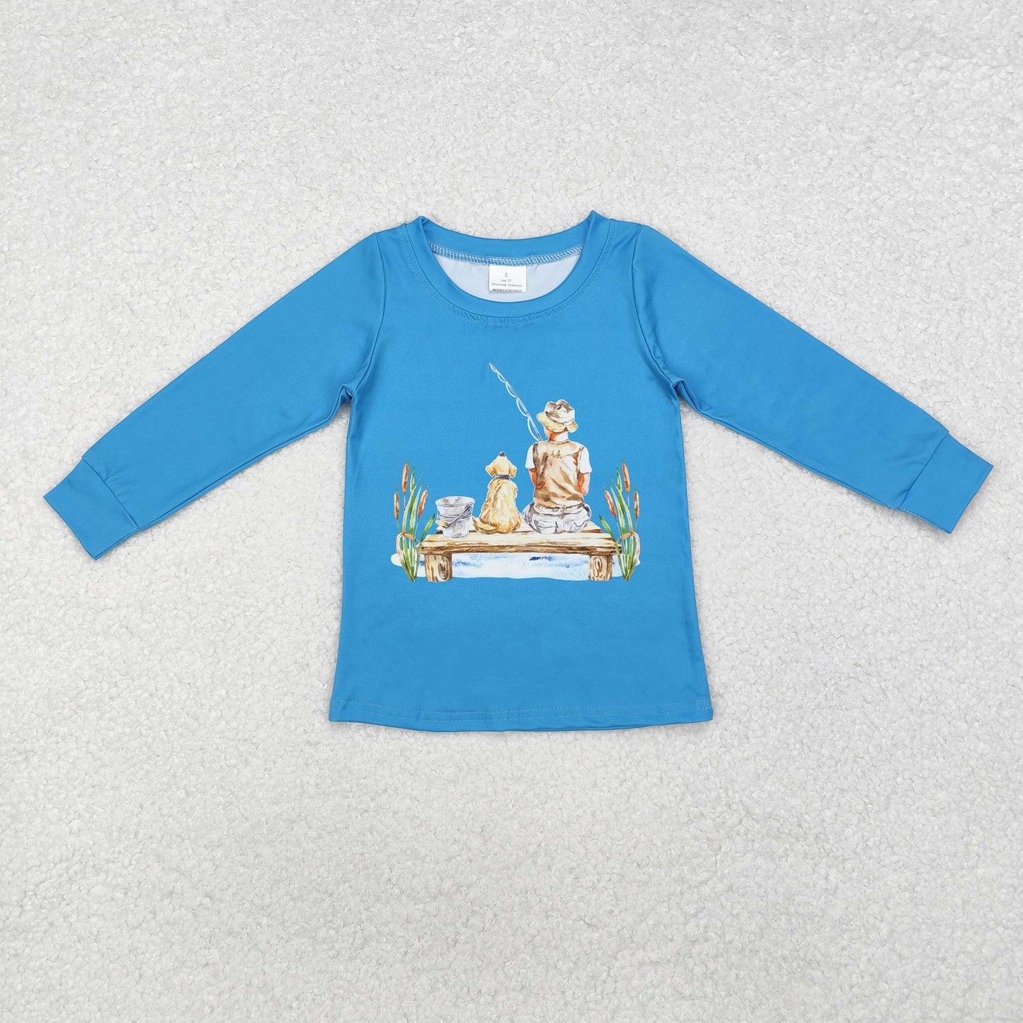RTS NO MOQ(In Stock)Puppy boy fishing blue long sleeve top
