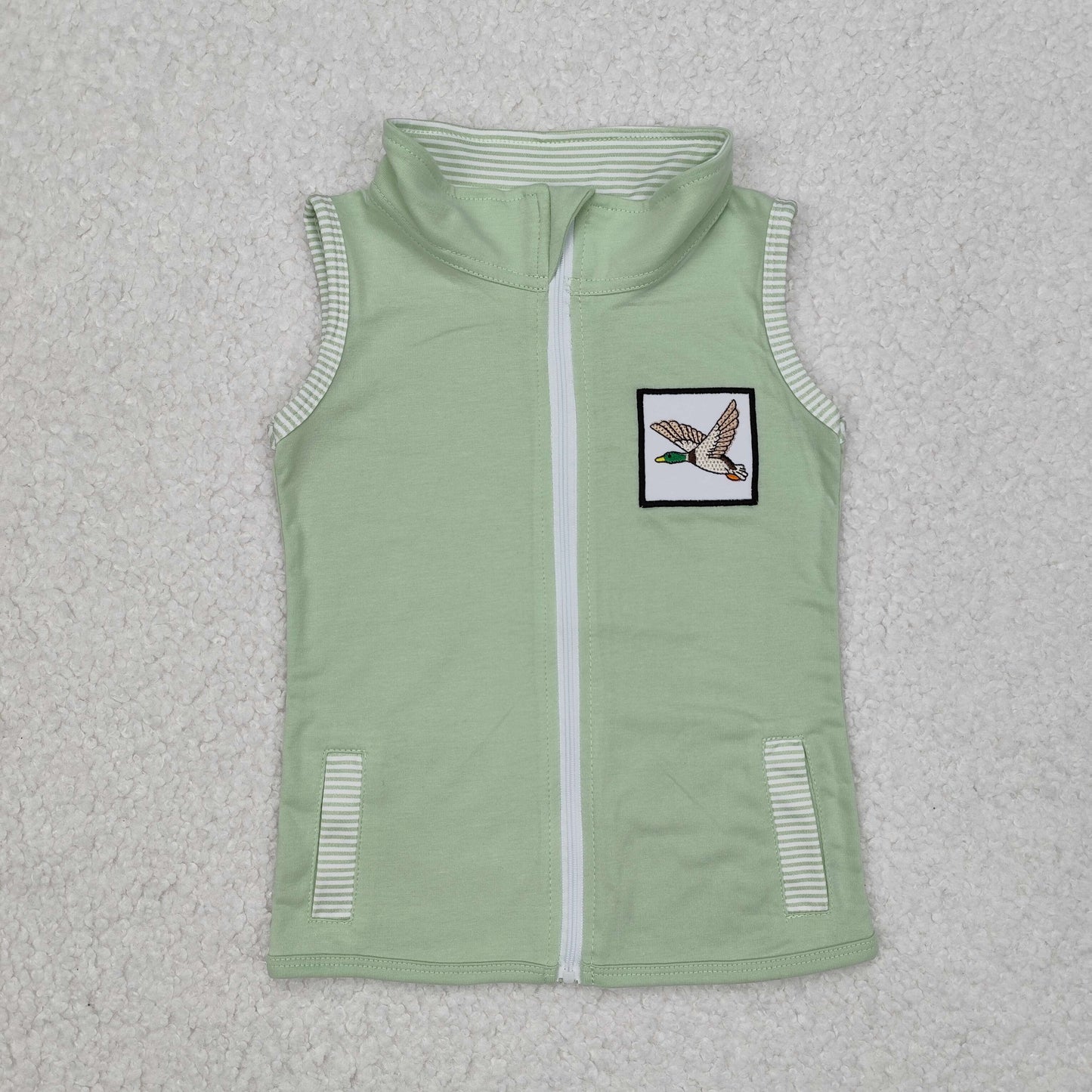 RTS NO MOQ(In Stock) Embroidered duck green striped sleeveless zip-up vest