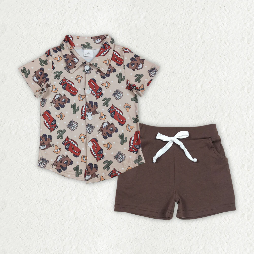 Cute Clothes BT1154+SS0134 Cars cactus star button brown short-sleeved top Brown pocket shorts