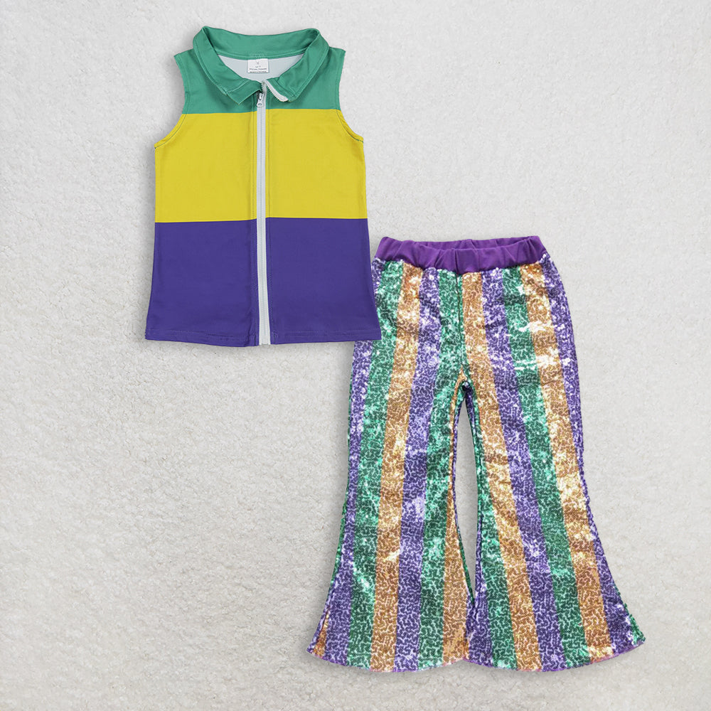 RTS NO MOQ(In Stock) baby boy clothes mardi gras vest top sequined pants set