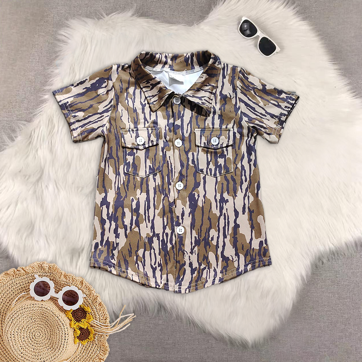 RTS NO MOQ baby boys clothes camouflage Short Sleeve Suit & Top and shorts