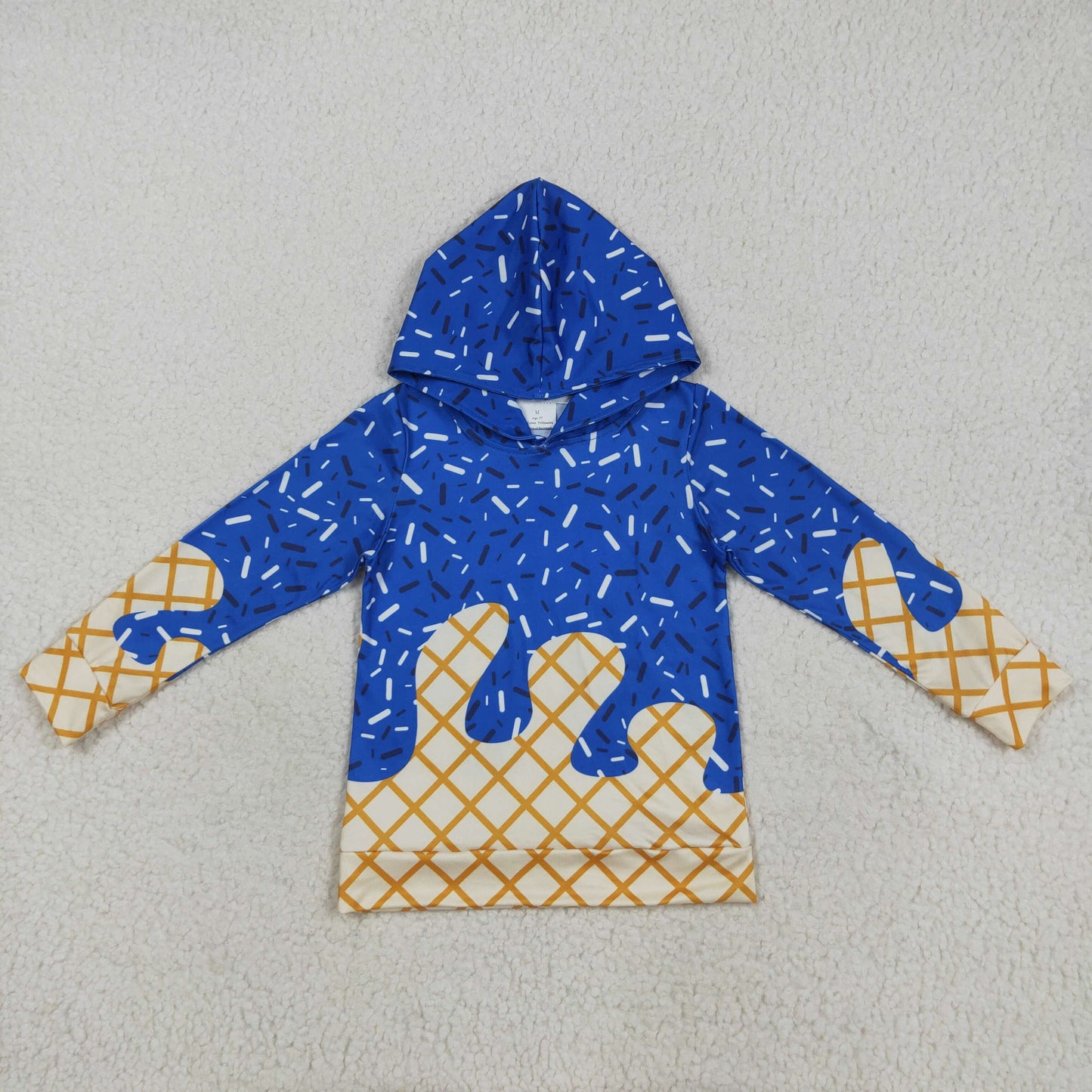 RTS NO MOQ(In Stock) BT1275 Waffle Ice Cream Royal Blue Hooded Long Sleeve Top