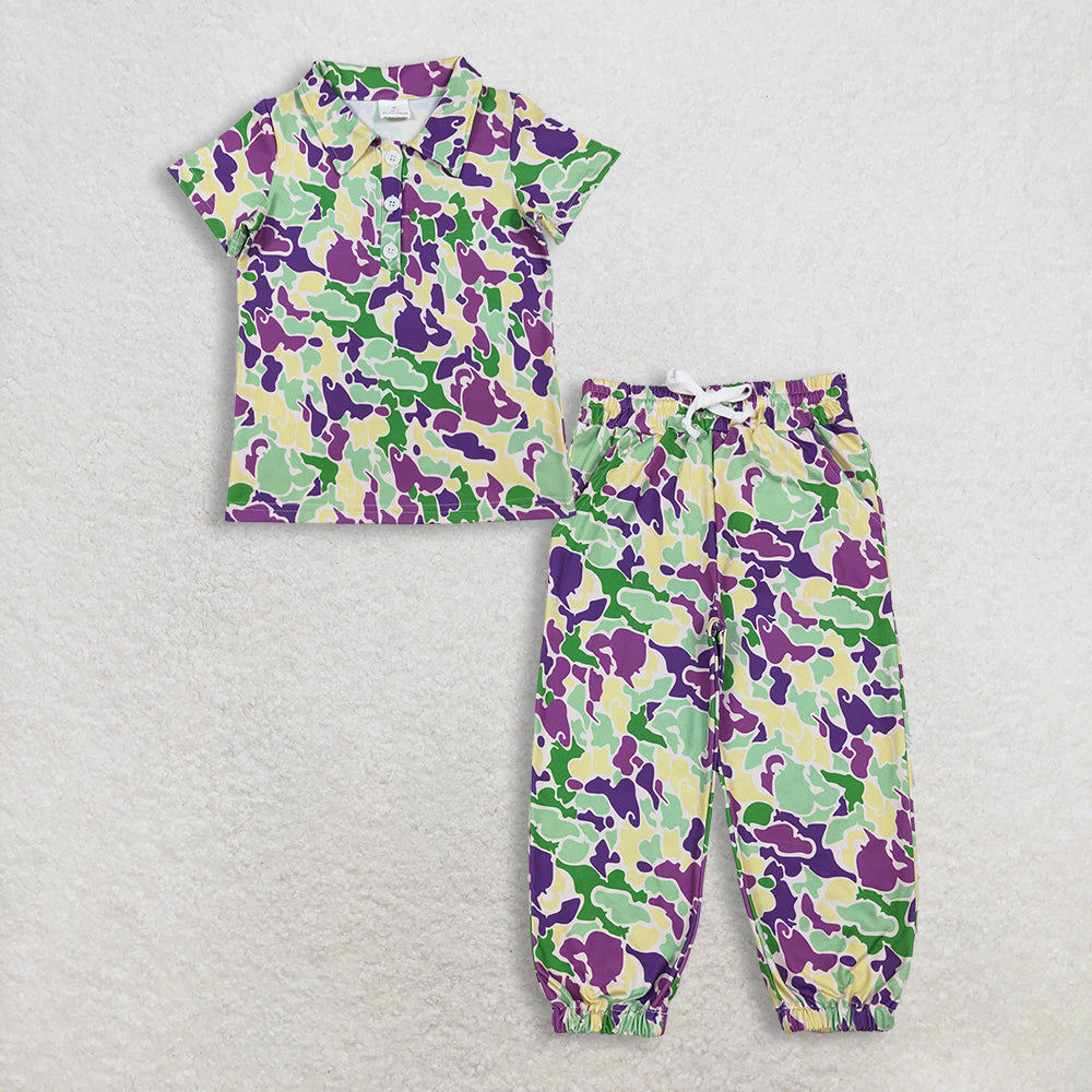 RTS NO MOQ(In Stock) baby boy clothes mardi gras short sleeve pants set-BSPO0659