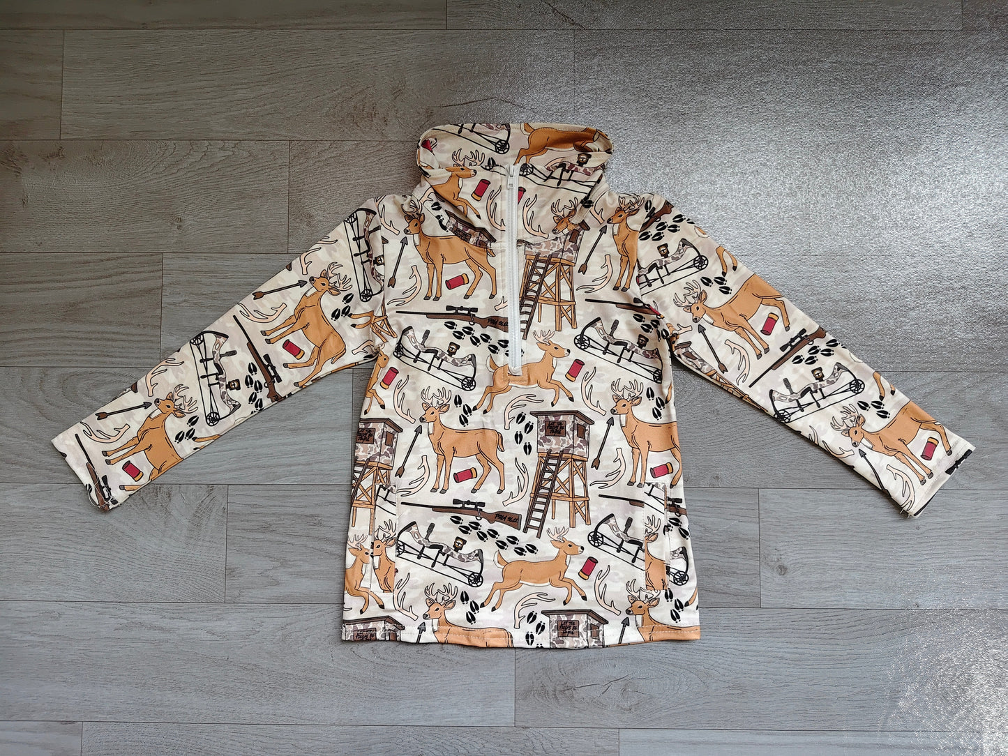 (Sample) No moq milk silk BT1397 Baby Boys Khaki Hunting Deer Print Long Sleeve Zip Pocket Pullover Top