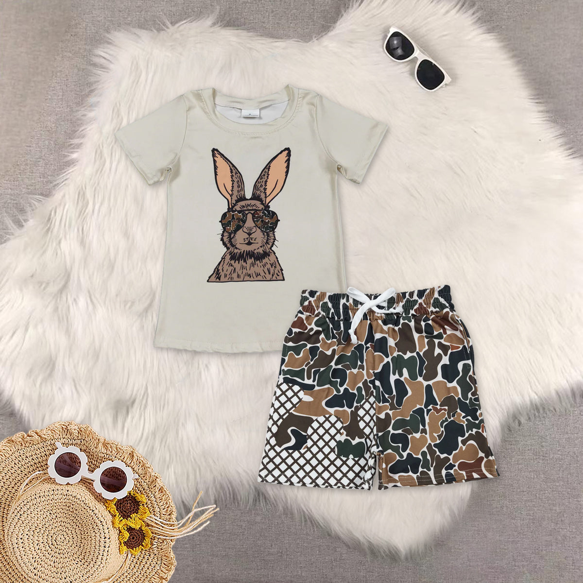 RTS NO MOQ(In Stock) Sunglasses Bunny Beige Short-Sleeve Top shorts set