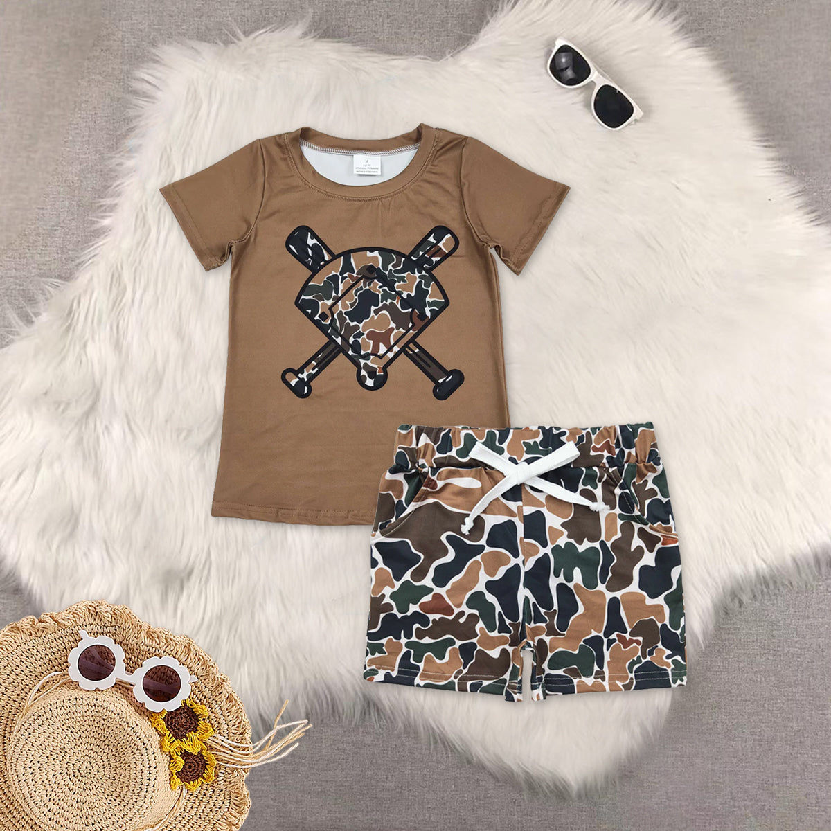 RTS NO MOQ(In Stock) Brown-green camouflage beige fan-shaped baseball short-sleeved shirt Boys' shorts set
