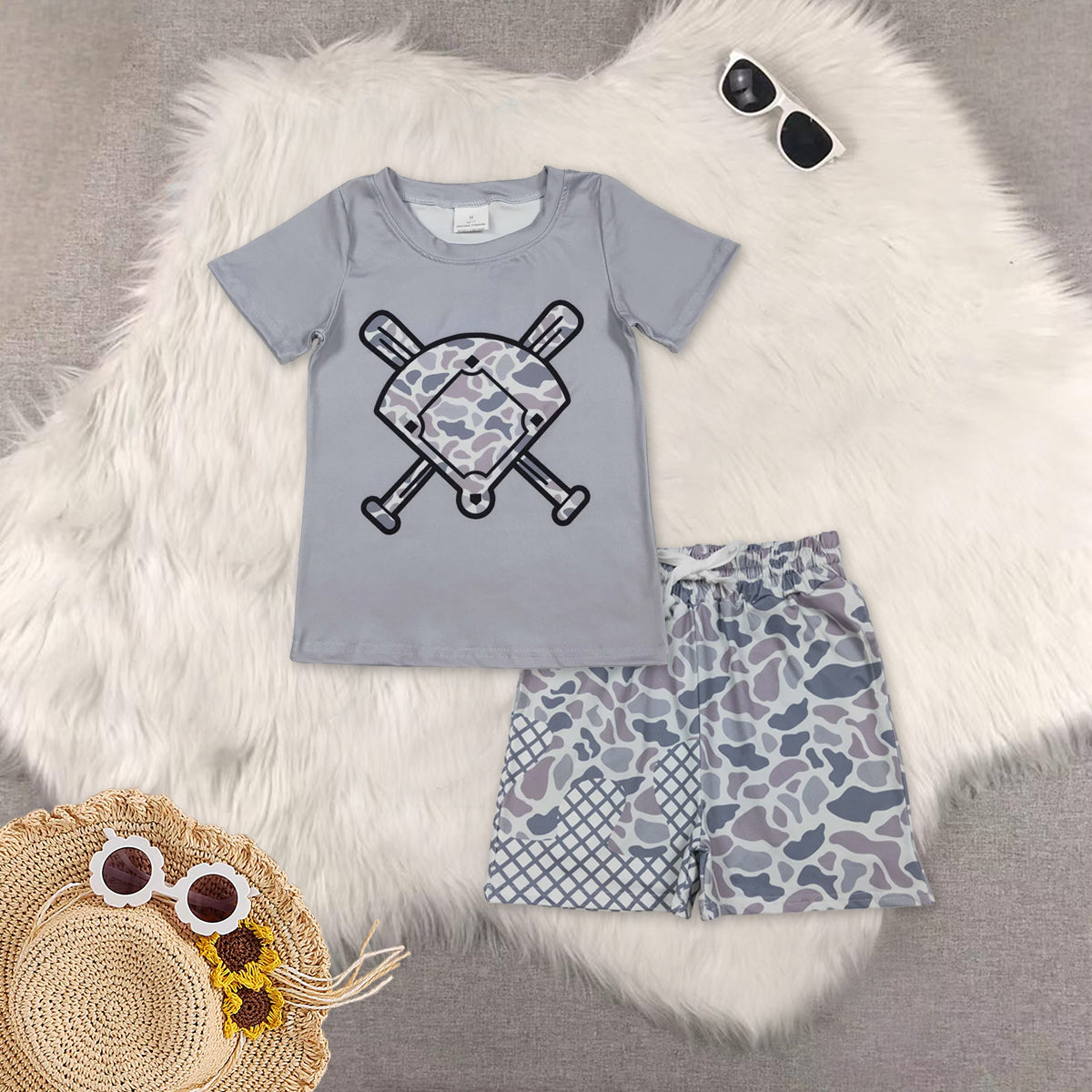 RTS NO MOQ(In Stock) camouflage beige fan-shaped baseball short-sleeved shirt Boys' shorts set