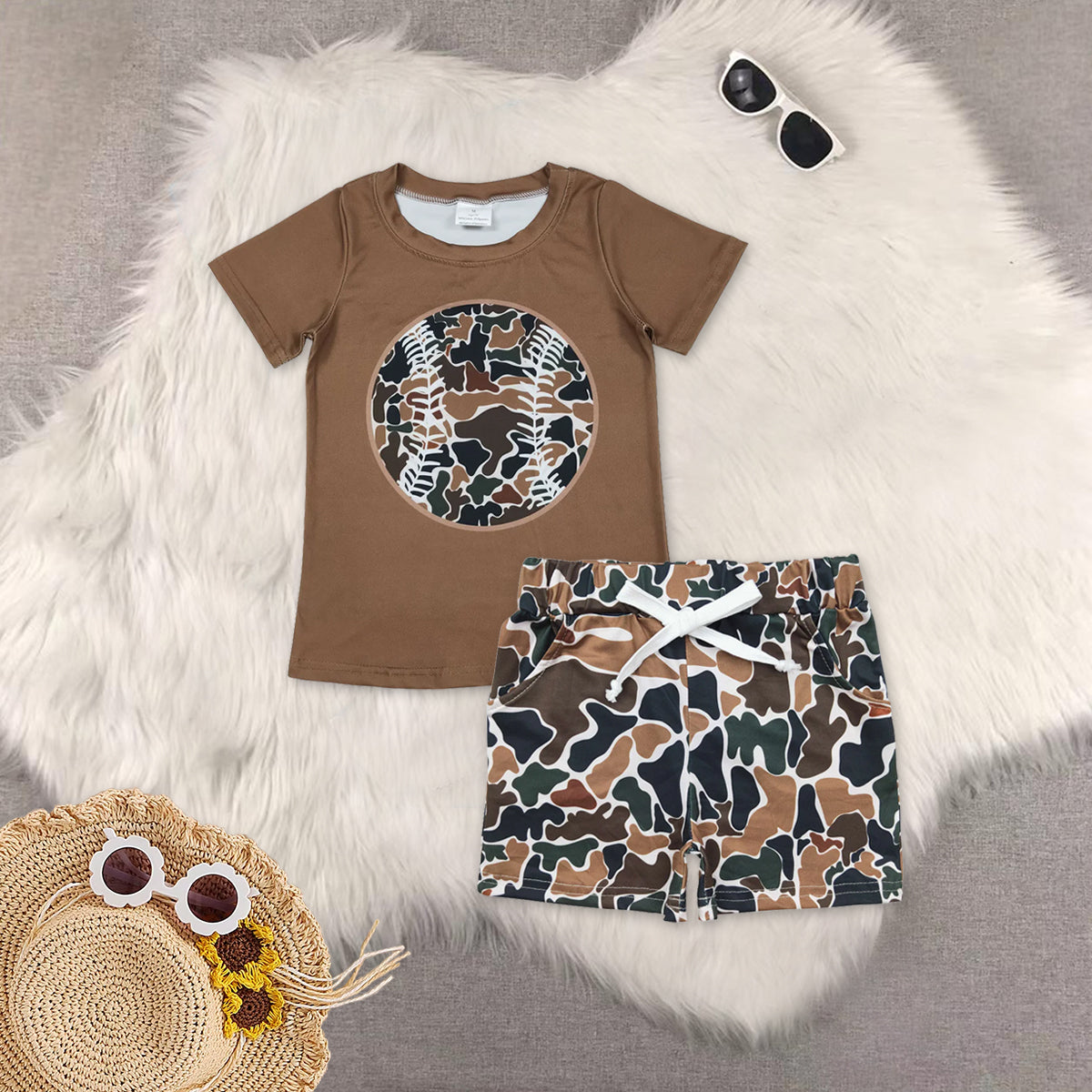 RTS NO MOQ(In Stock) Brown-green camouflage beige baseball short-sleeved shirt shorts set