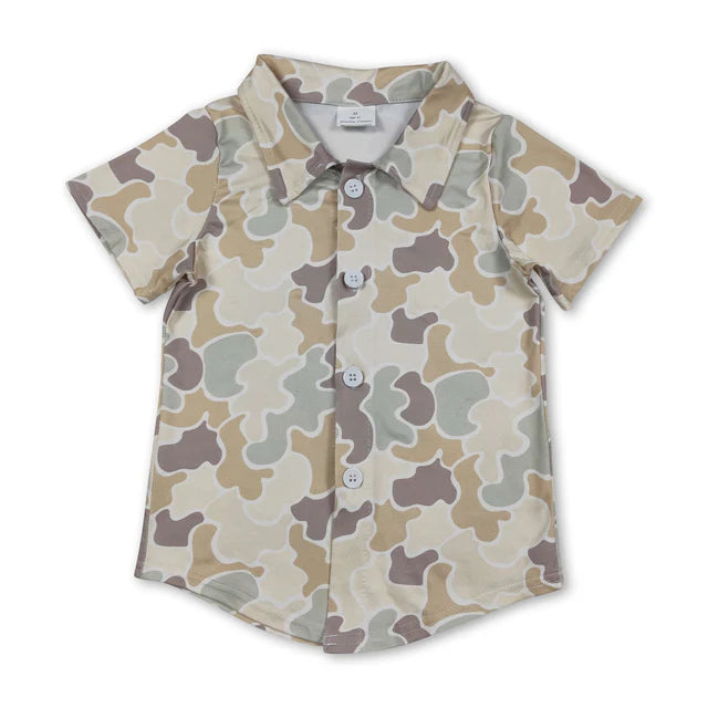 RTS NO MOQ Sibling milk silk Baby Boys Camo Print Casual Button Down Shirts Top