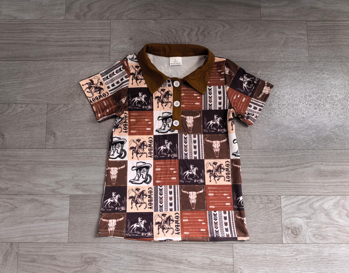 (Sample) No moq milk silk BT1670 Polos For Kids Boys Short Sleeve Button Horse Rodeos Cows Checked Western Polo Shirts Top Casual Tees