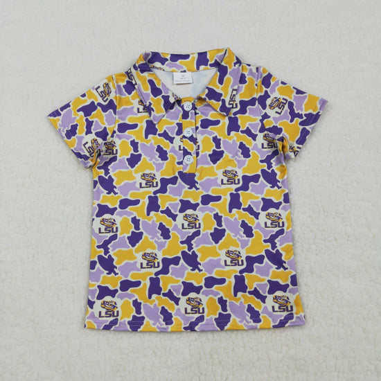 Best Sell RTS Baby Boys Camo Tigers Team Button Polo Shirt Purple Yellow Top for Kids