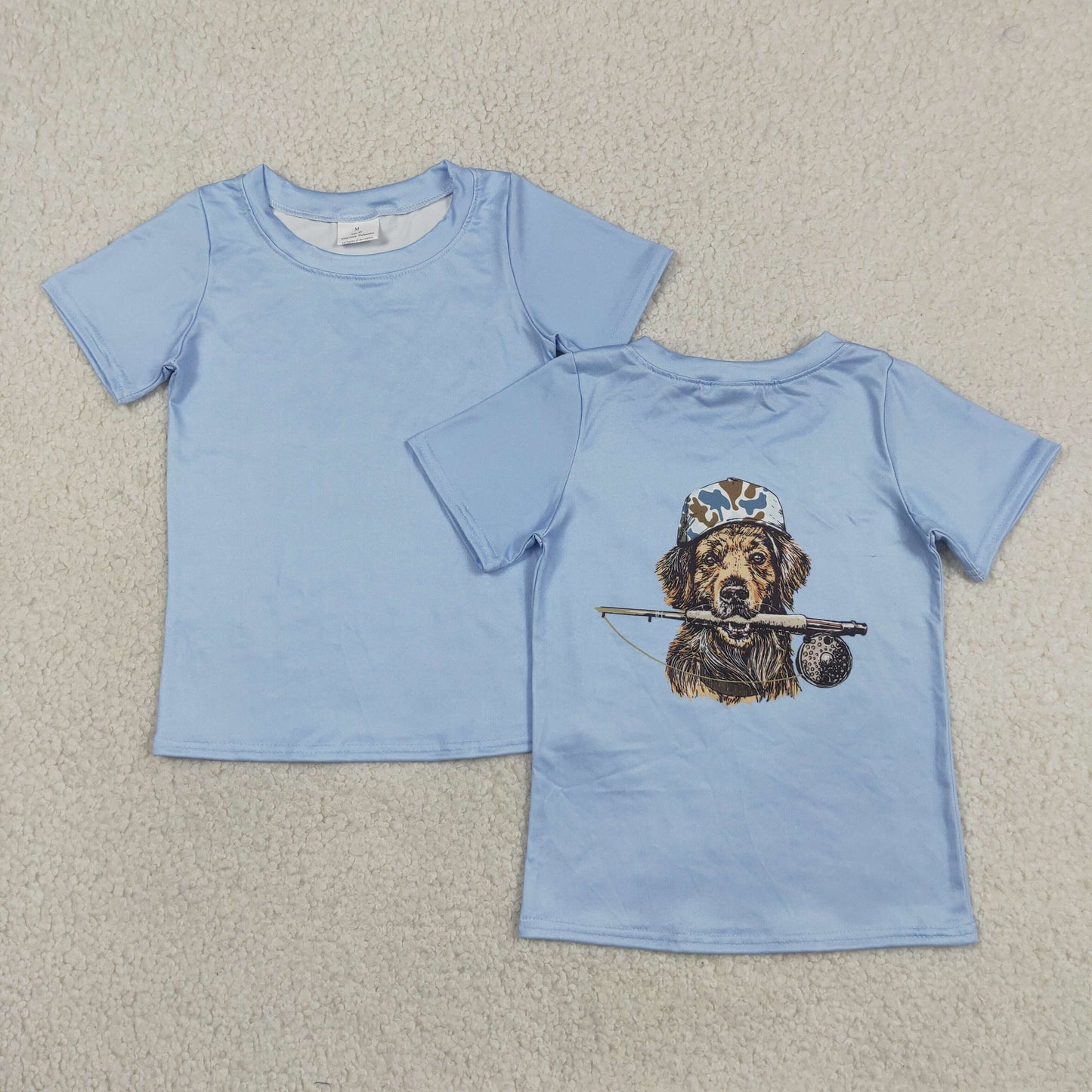 RTS NO MOQ Sibling milk silk Baby Boys Dog Fishing Hunting Printed Blue Short Sleeve T Shirts Top