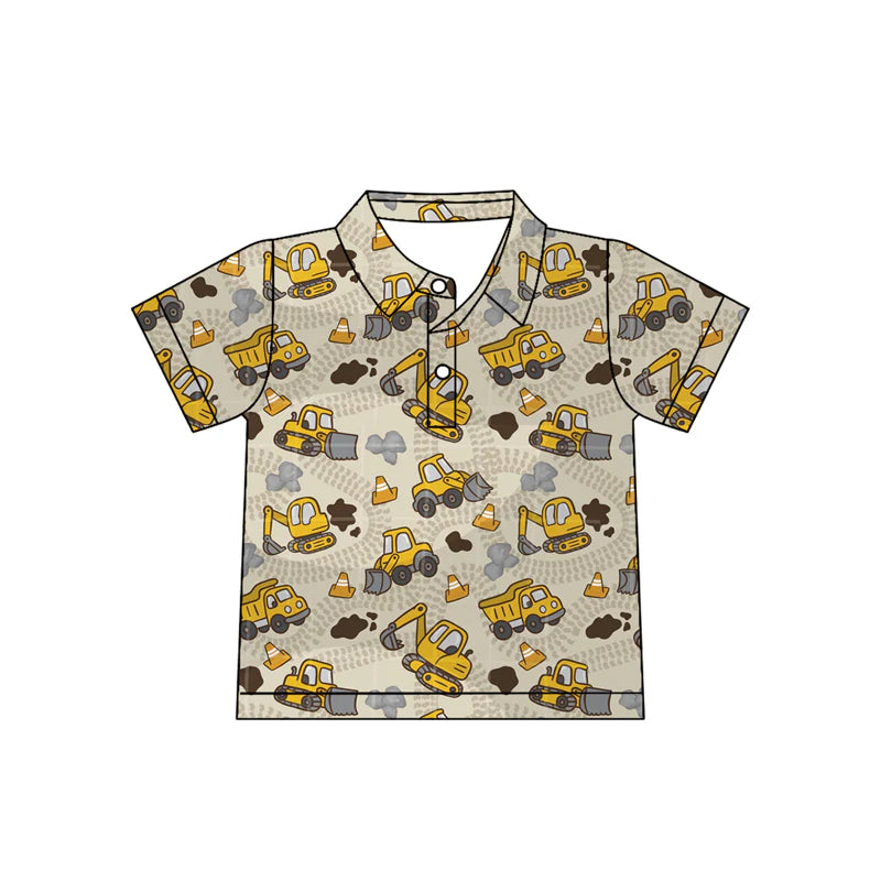 (Pre Order) No moq BT1792 Baby Boys Short Sleeve Excavators Tractors Button Polo Shirts Top