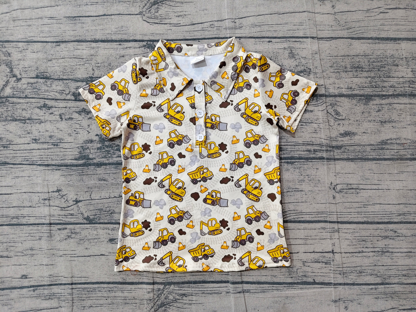 (Sample) No moq milk silk BT1792 Baby Boys Fashion Excavator Tractor Short Sleeve Button Polo Top