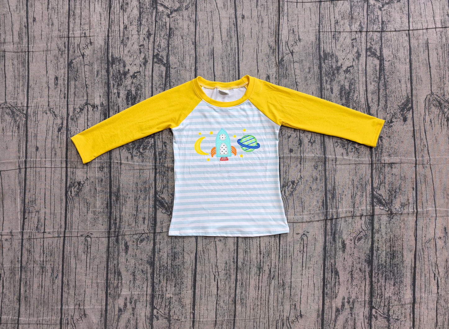 (Sample) No moq BT1831 Embroidery Baby Boys Blue Stripe Rocket Moon Embroidery Long Sleeve T Shirts