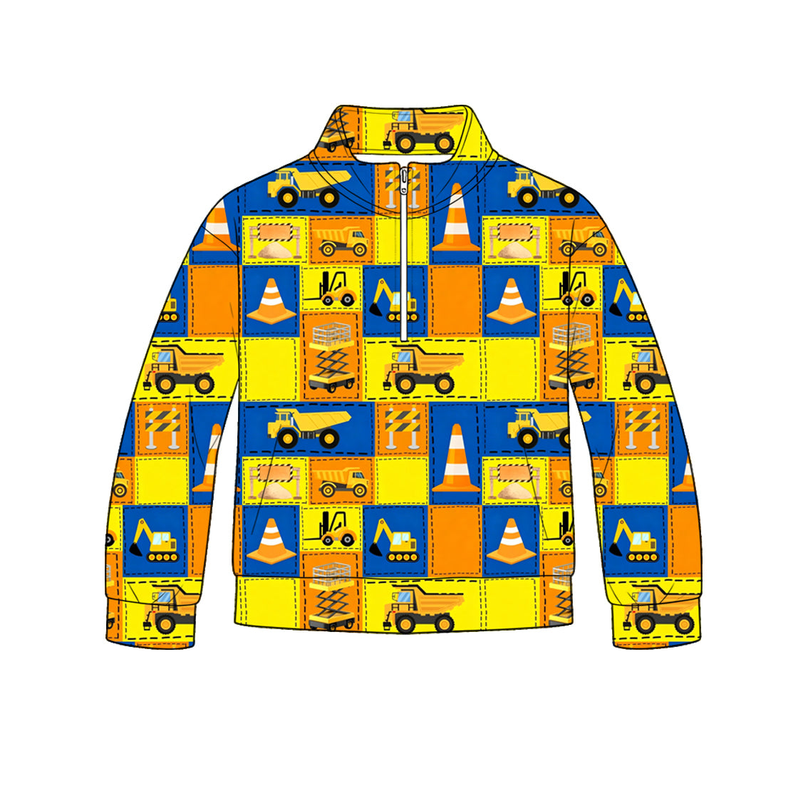 (Pre Order) No moq milk silk Baby Boys Construction Excavator Long Sleeve Zip Pocket Pullover