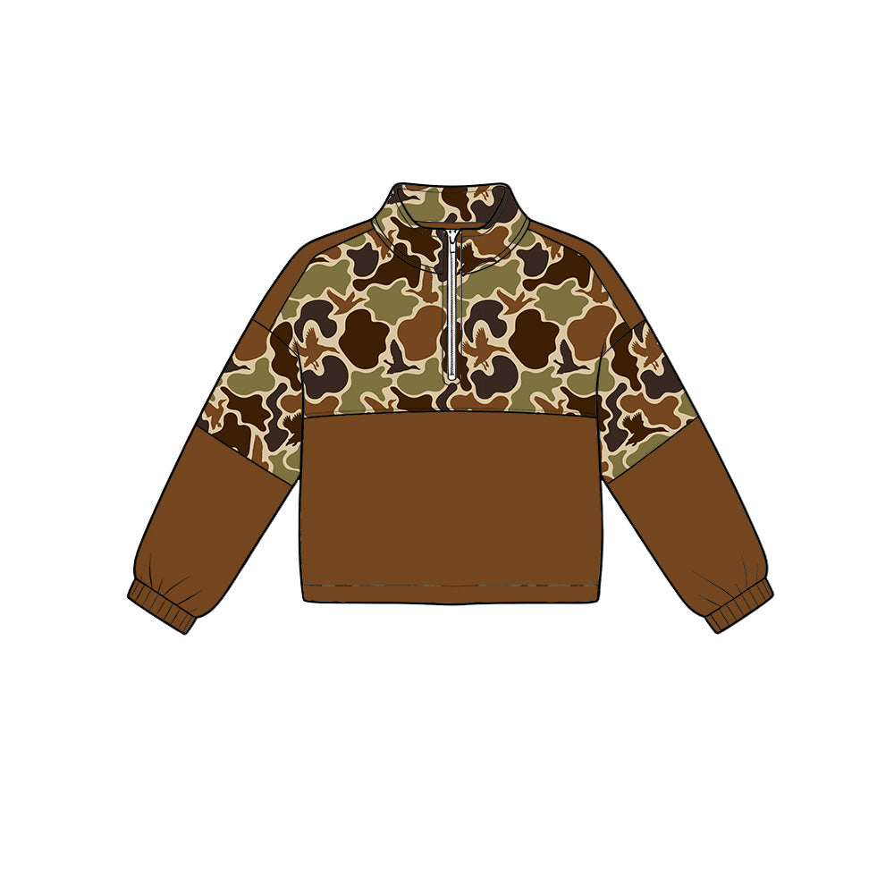 (Preorder new) No moq Baby Boys Camo Hunting Print Brown Duck Zip Up Pullover Long Sleeve Tops