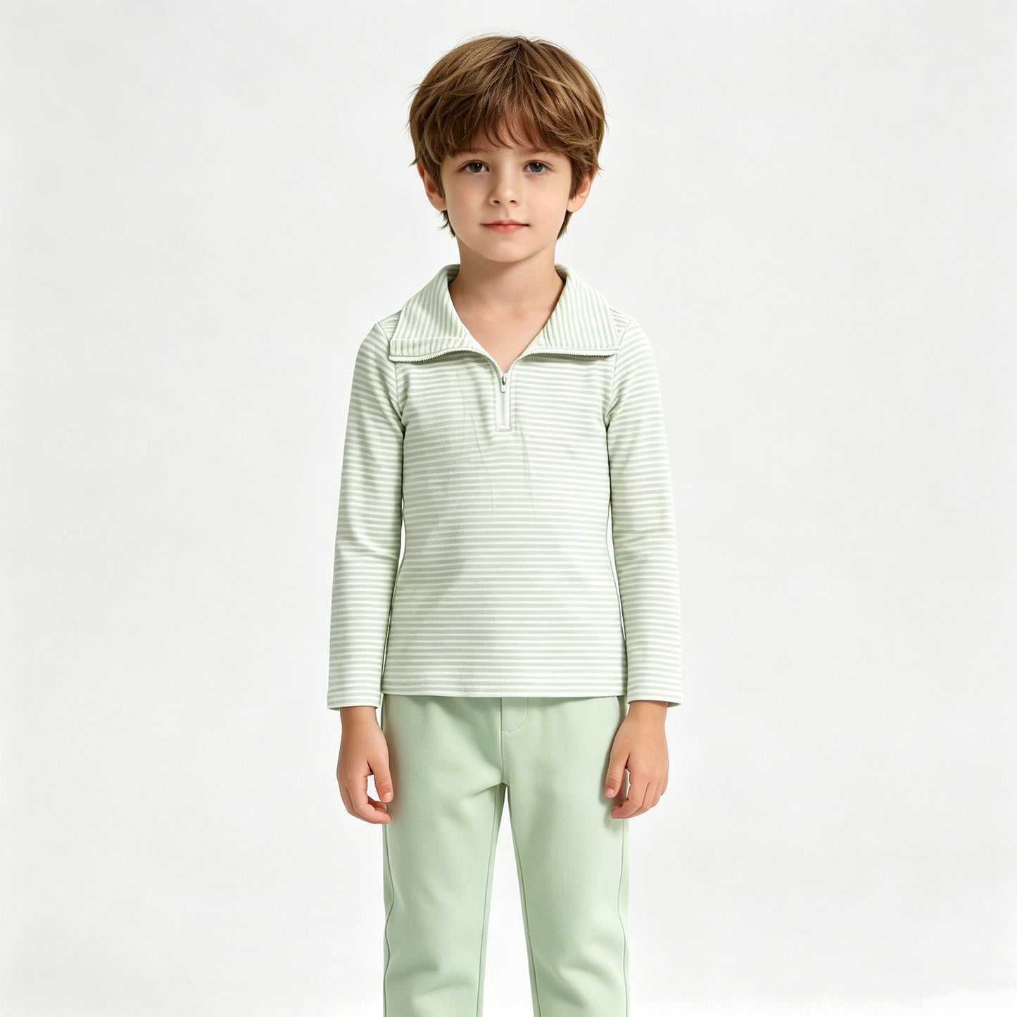 (Sample) No moq milk silk BT1876 Baby Boys Long Sleeve Green Stripe Zip Pullovers Casual Top