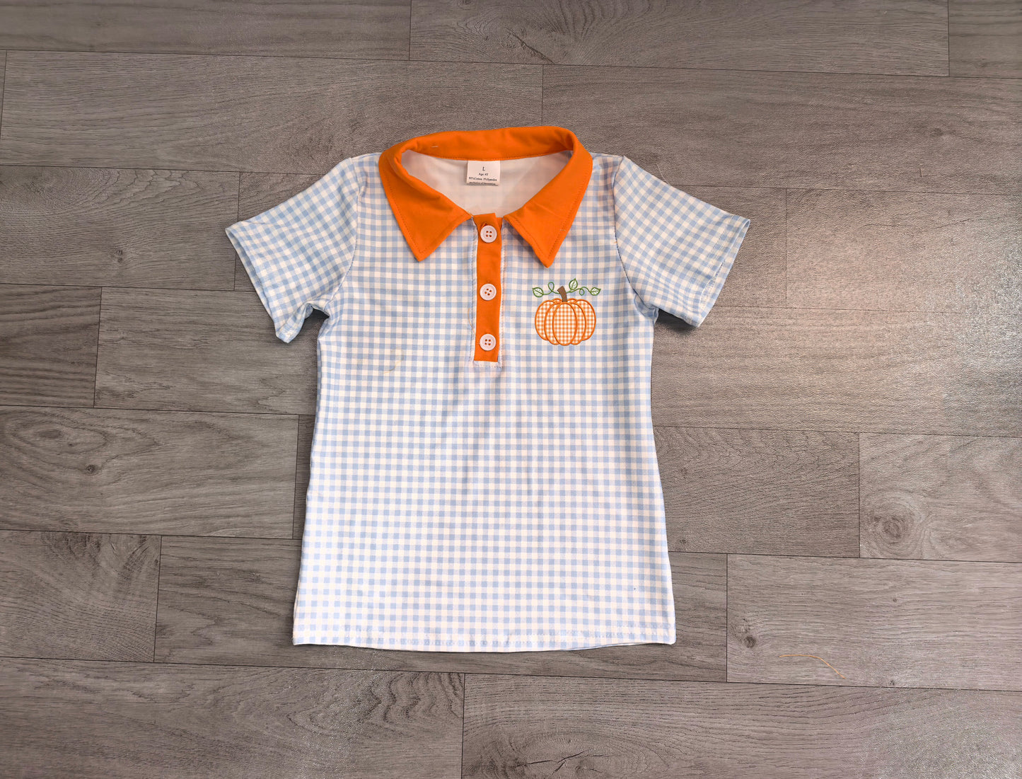 (Sample) No moq milk silk BT1891 Baby Boys Blue Checked Pumpkin Fall Button Polo Shirts Top