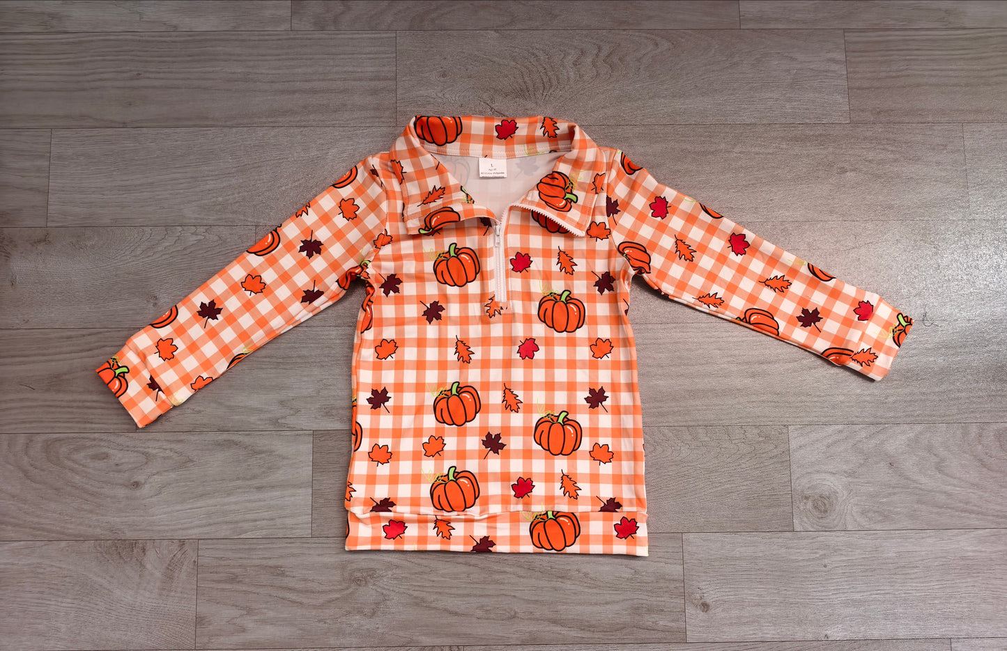 (Sample) No moq milk silk BT1895 Baby Boys Pumpkins Checked Zip Pullovers Top Spring Fall Casual Zip Up Long Sleeve Tees