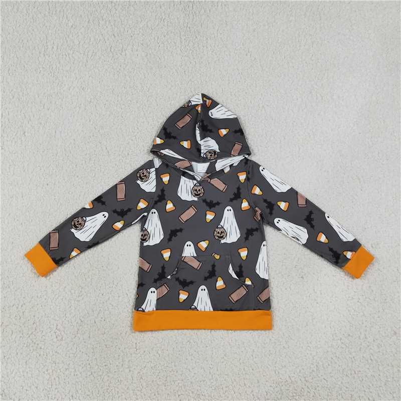 RTS NO MOQ Sibling milk silk Baby Boys Halloween Ghost Candy Bat Print Outfit Set Long Sleeve Top Pants Pajamas Hoodie Baby Zipper Romper Orange Trim Holiday Clothes
