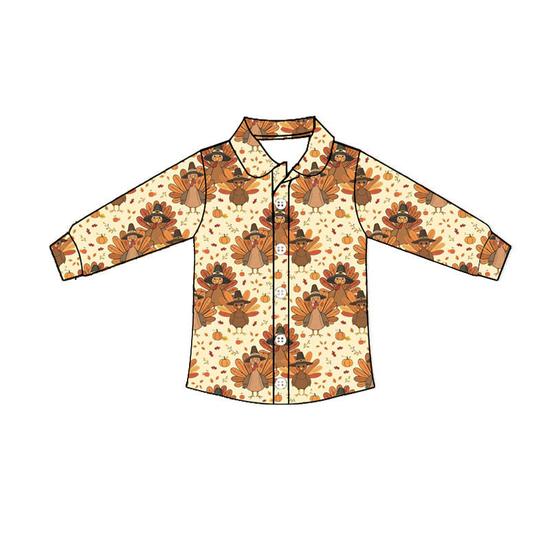(Preorder new) No moq BT1900 Baby Boys Pumpkins Turkey Thanksgivings Print Button Front Long Sleeve Casual Shirt Top