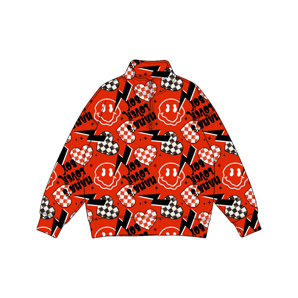 (Preorder new) No moq BT1908 Baby Kids Mama’s Lover Checkered Heart Print Quarter Zip Pullover Stand Collar Valentines Day Long Sleeve Sweatshirt