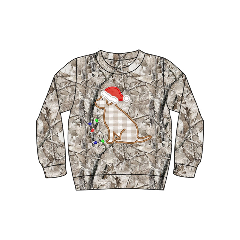 (Preorder new) No moq BT1913 Baby Boys Leaves Camo Embroidery Lights Dogs Christmas T‑shirts Top Fall Winter Long Sleeve Casual Pullover Tees