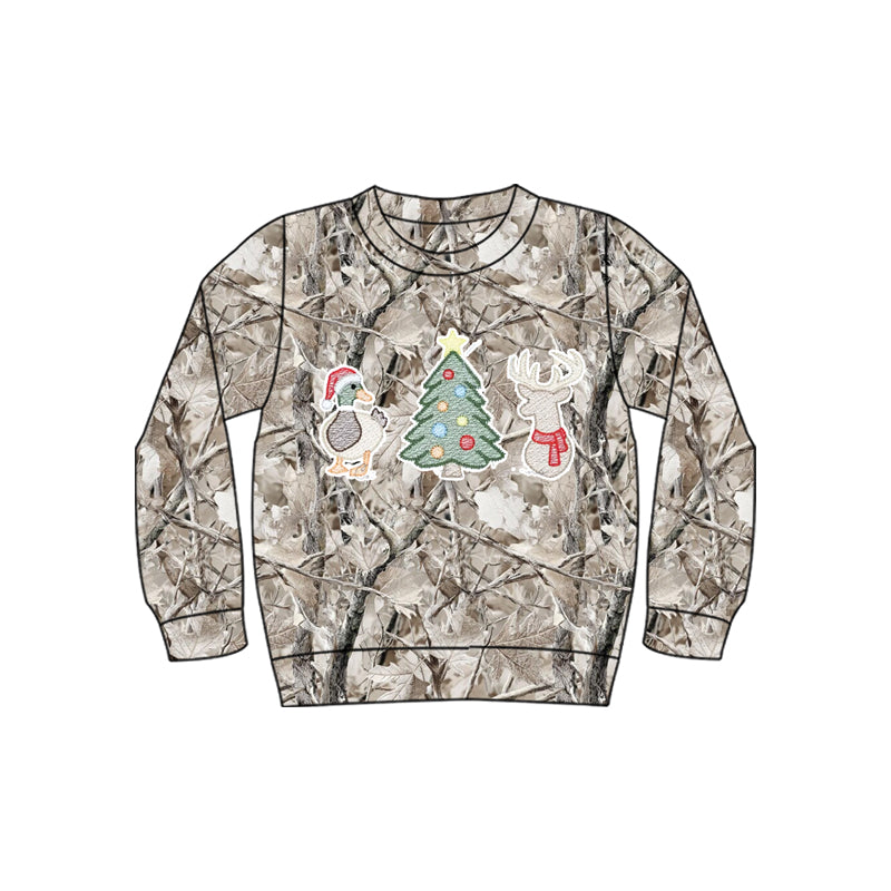 (Preorder new) No moq BT1914 Baby Boys Leaves Camo Embroidery Ducks Deer Trees Christmas T‑shirts Top Fall Winter Long Sleeve Casual Pullover Tees