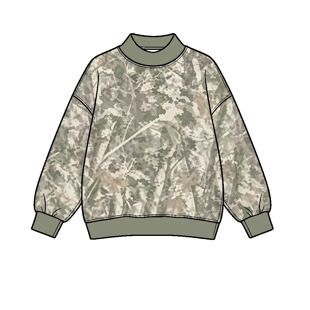 (Preorder new) No moq BT1920 Yoga Baby Boys Olive Green High Neck Tree Bark Camo Print Yoga Active Long Sleeve T‑shirts Top