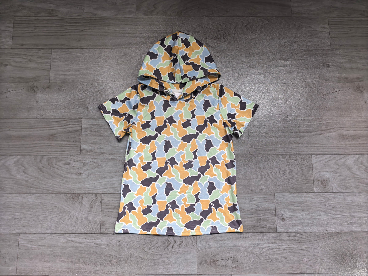 (Sample) No moq milk silk BT1963 Baby Boys Green Yellow Rabbits Camo Easter Short Sleeve Hoodies Shirt Top