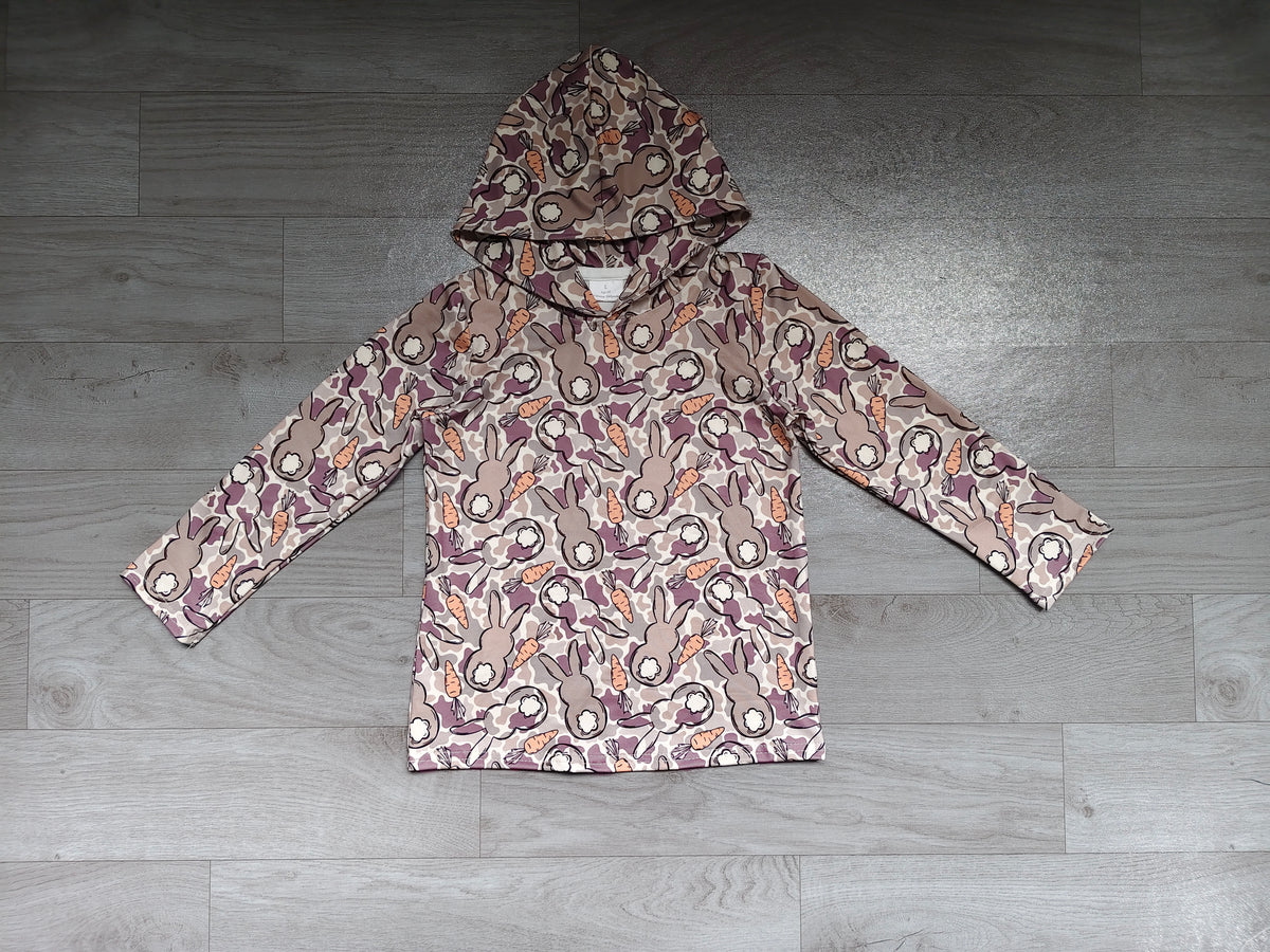 (Sample) No moq milk silk BT1965 Baby Boys Easter Bunny Carrot Camo Print Long Sleeve Hooded Pullover Sweatshirt