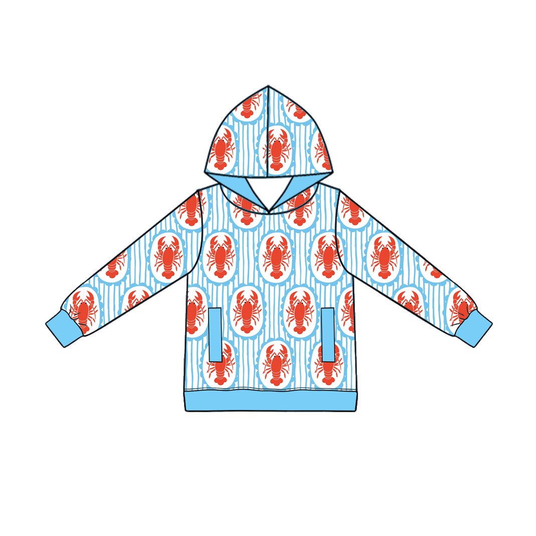 (Preorder new) No moq BT1974 Baby Boys Long Sleeve Blue Stripe Crayfishes Print Pockets Hoodies Top