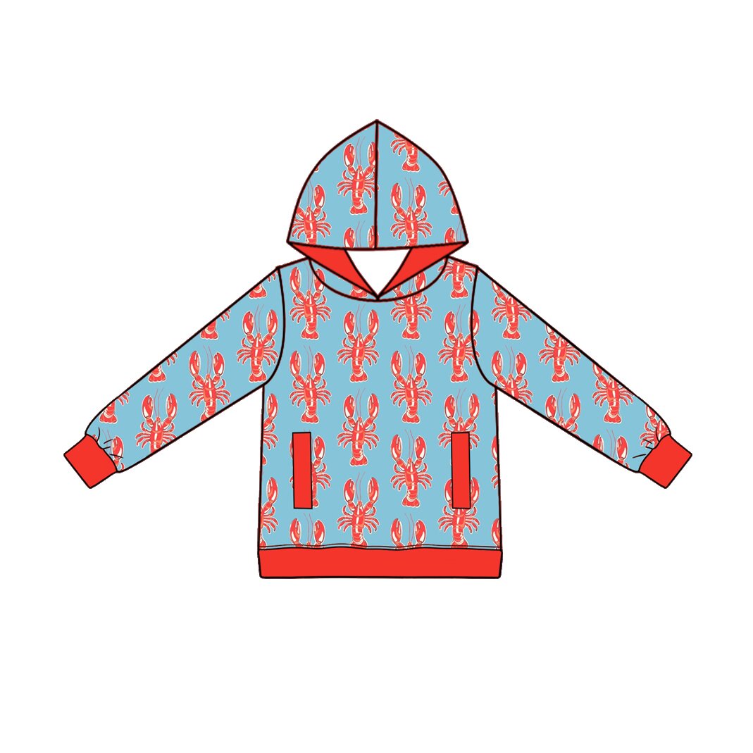 (Preorder new) No moq BT1975 Baby Boys Blue Red Crayfishes Long Sleeve Hoodie Top With Side Pockets