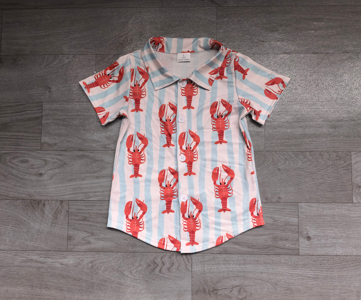(Sample) No moq milk silk BT1976 Baby Boys Blue Stripe Crayfishes Short Sleeve Button Shirts Top
