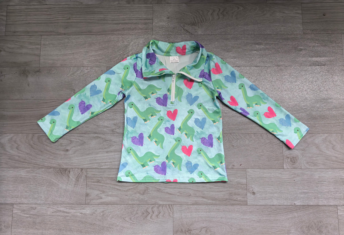 (Sample) No moq milk silk BT1983 Baby Boys Colorful Hearts Dinosaurs Valentines Zip Pullover Top