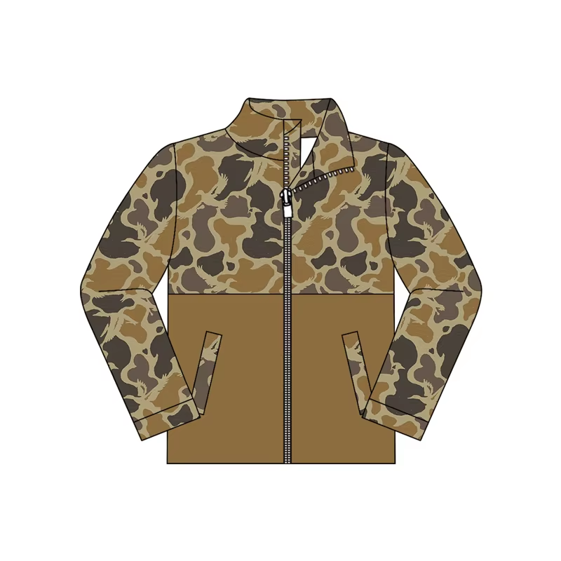 (Preorder new) No moq BT1998 Baby Boys Duck Camo Color Block Full Zip Stand Collar Hunting Jacket With Side Pockets