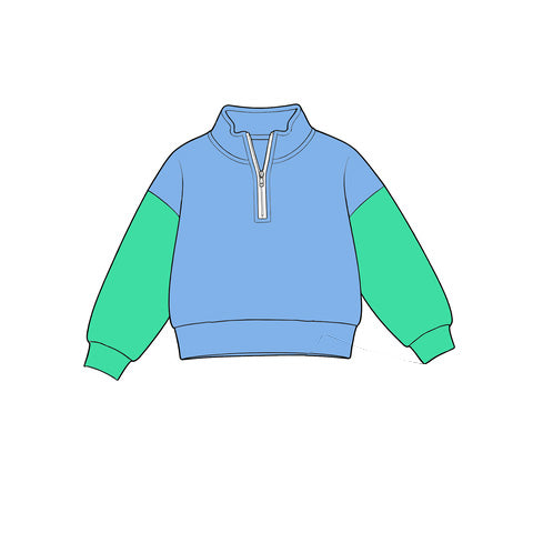 (Preorder new) No moq BT2001 Baby Boys Aqua Blue Patchwork Long Sleeve Zip Pullovers Top