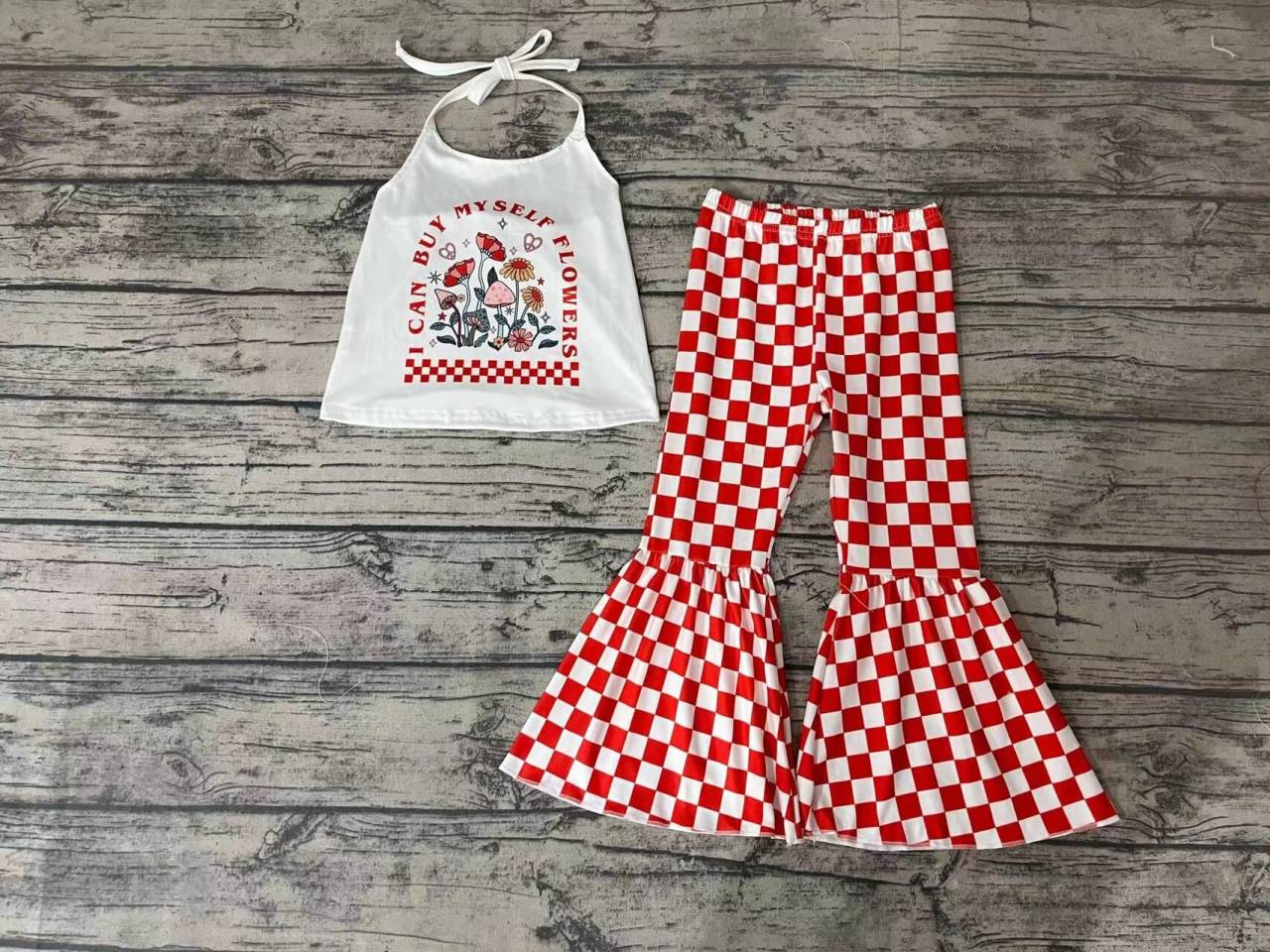 Letter flower halter top red and white plaid trouser suit