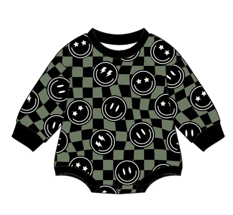 Custom moq 3 eta 7/8week moq 5 eta /4/5week Black smiley face green and black plaid long-sleeved short romper