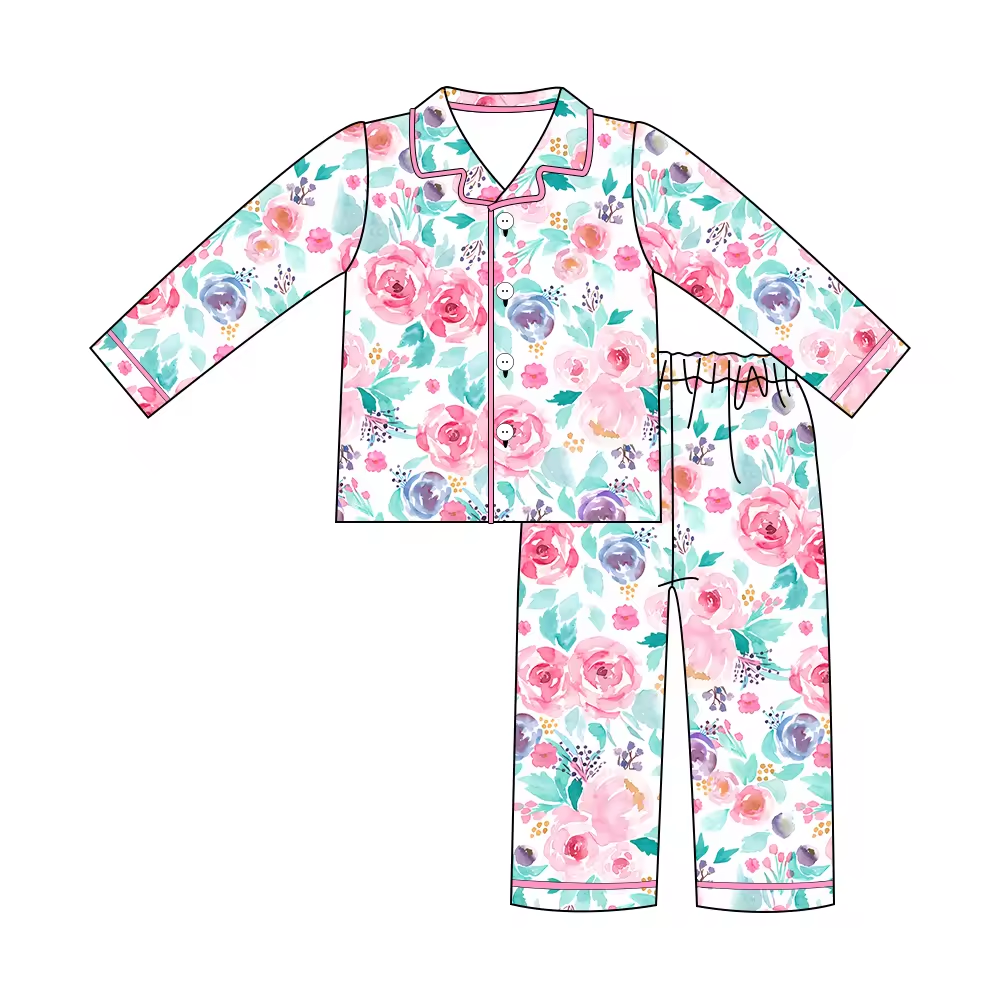 Custom moq 3 eta 6-8weeks Pink Purple Flower Bud Button Cardigan Top Long Pajama Set