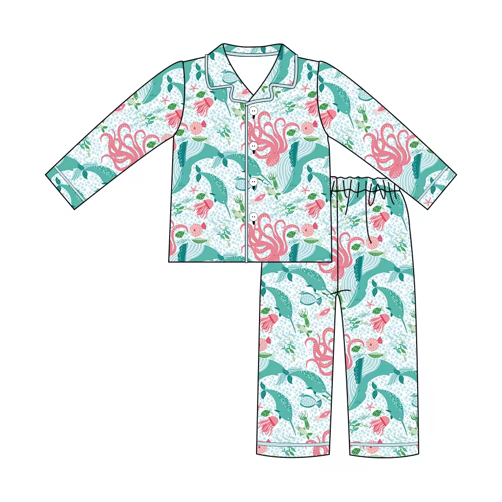 Custom moq 3 eta 6-8weeks Pink Octopus Green Button Long Pajama Set