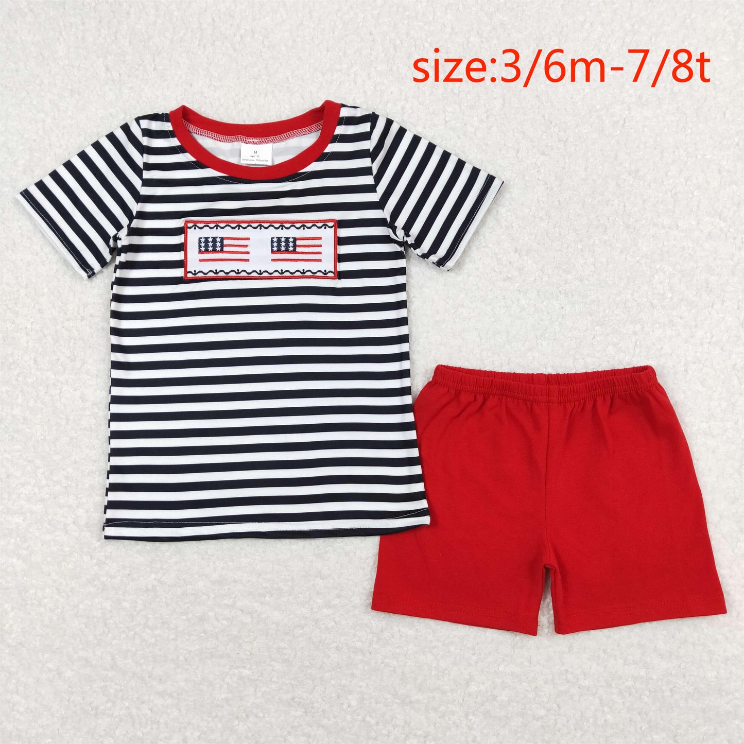 RTS NO MOQ(In Stock) Embroidered flag black and white striped short sleeve red shorts suit