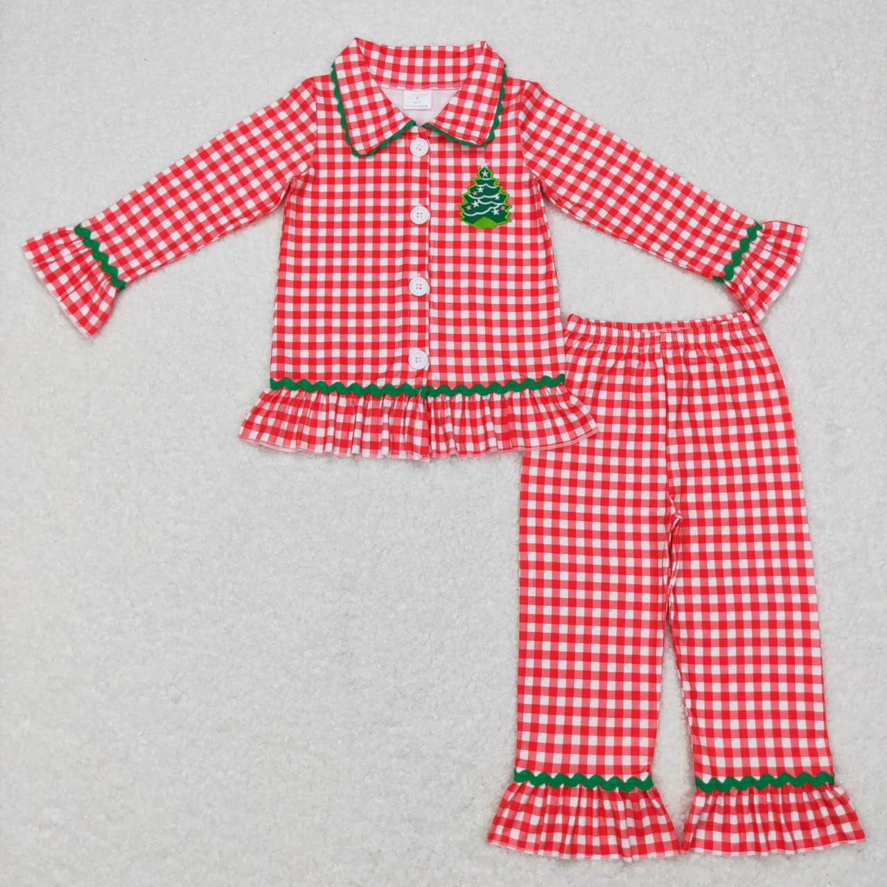RTS NO MOQ(In Stock) GLP0854 Embroidered star Christmas tree red and white plaid lace long-sleeved trousers suit